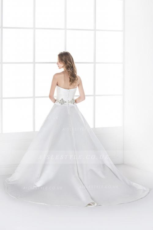 Simple A-line Sweetheart Beading&Crystal Ruching Sweep/Brush Train Satin Wedding Dresses