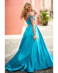 Chic Crystal Beaded Straps Long A-line Pool Blue Prom Dress