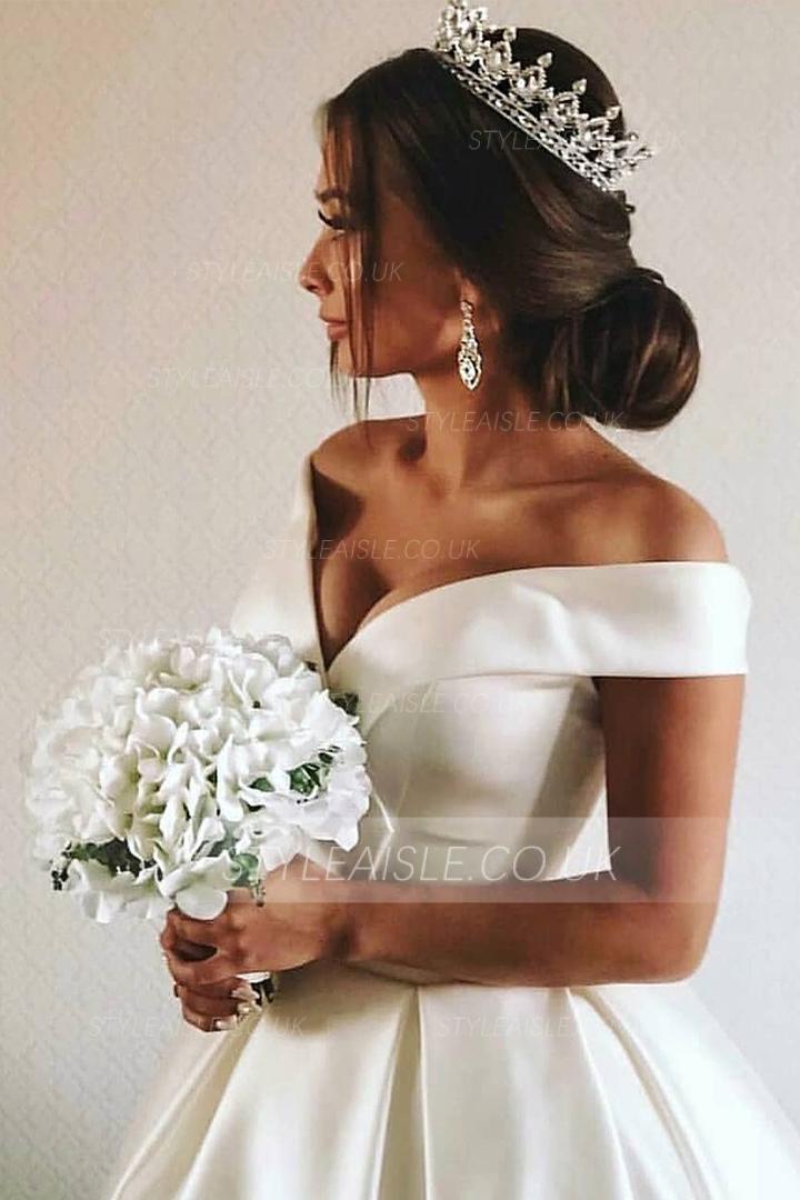  Egegant Simple A-line Off-the-shoulder Floor-length Long Satin Wedding Dresses