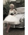 Long Sleeved Lace Bodice A-line Tulle Wedding Dress with Black Ribbon 