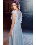  A-line Bateau Neckline Cap Sleeves Lace Ruffles Top Floor-length Long Chiffon Prom Dresses with Pearl Buttons