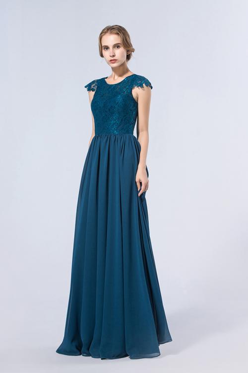 Exquisite Lace Bodice Cap Sleeved Long Chiffon Bridesmaid Dress 