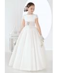 Cap Sleeves Jewel Neck Elegant Princess Ball Gown Long Ivory Communion Dress with Flower