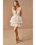 Ivory A-line Spaghetti Straps Sleeveless Short/Mini Short Wedding Dresses with Three Tiers of the Skirt