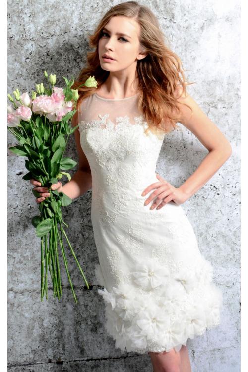 Beautiful Illusion Neck Sleeveless Sheath Flowers Decorated Lace Short Wedding Dress 