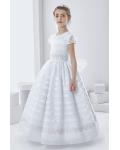 Vintage Ball Gown Lace Appliques Long White Organza Communion Dress with Dramatic Bow 