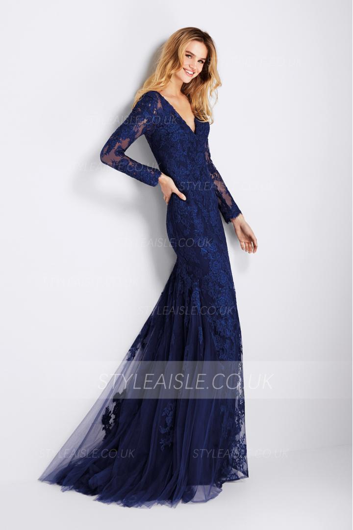 Long Sleeves Lace Appliques Navy Blue Mermaid Prom Dress