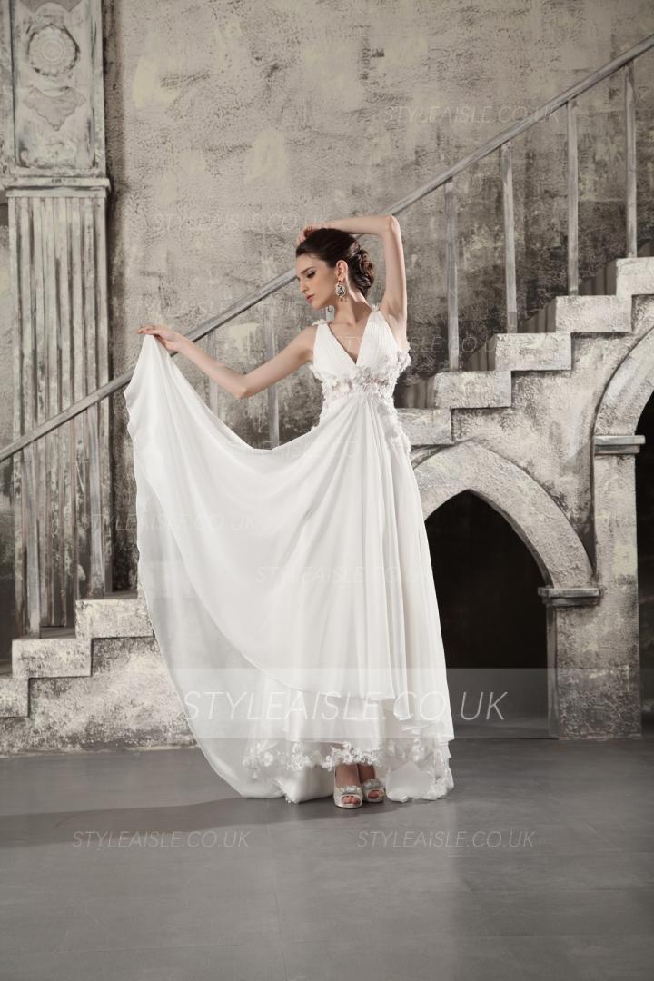 Sleeveless V Neck Empire Waist Flower Adorned Long Chiffon Wedding Dress 