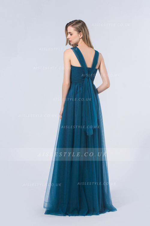 Tulle Zipper V-neck Floor-length Natural Bridesmaid Dresses