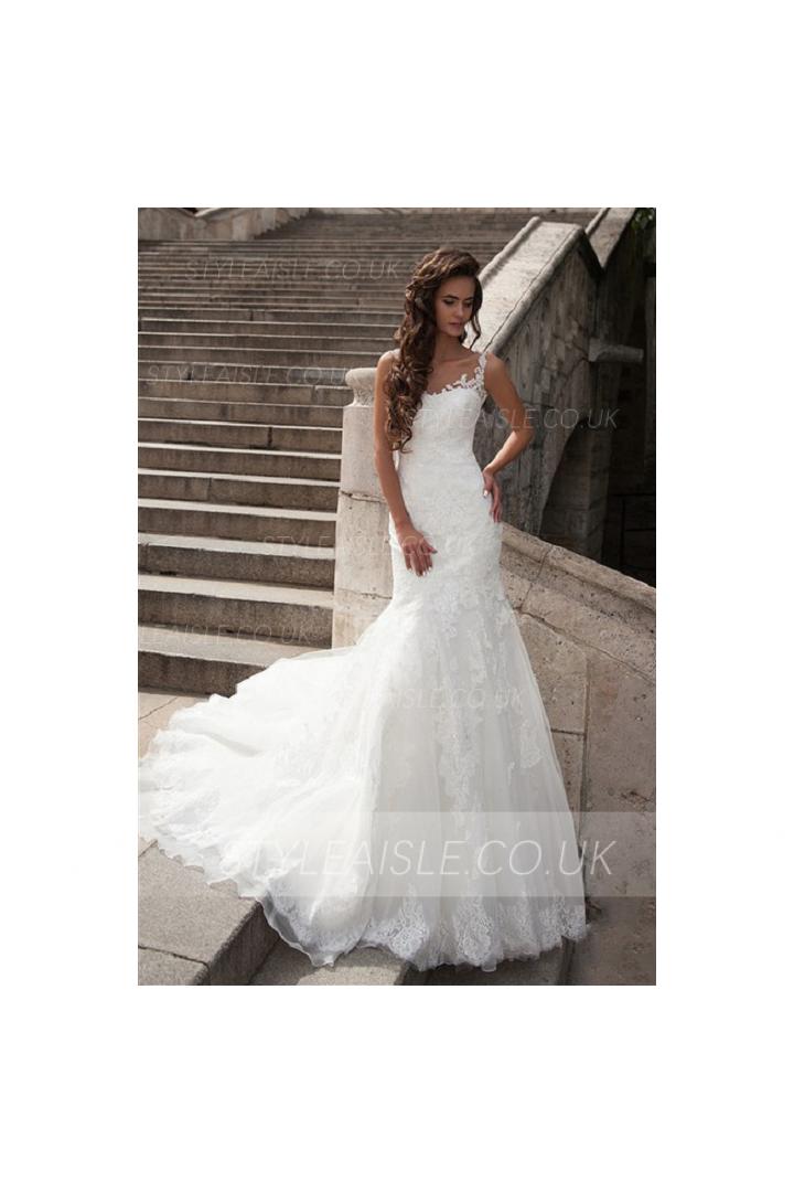 Vintage Inspired Illusion Neck Sheer Open Back Long Fit Flared Lace Organza Wedding Dress 