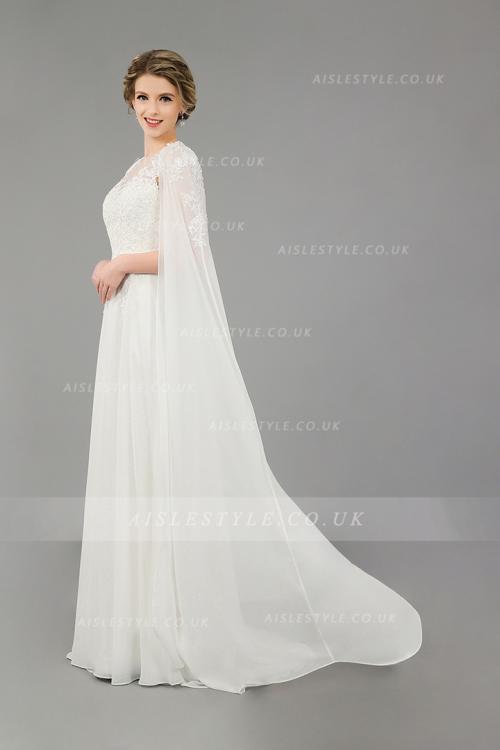 Illusion Neck Lace Appliques Long Ivory Empire A-line Chiffon Beach Wedding Dress with Cape