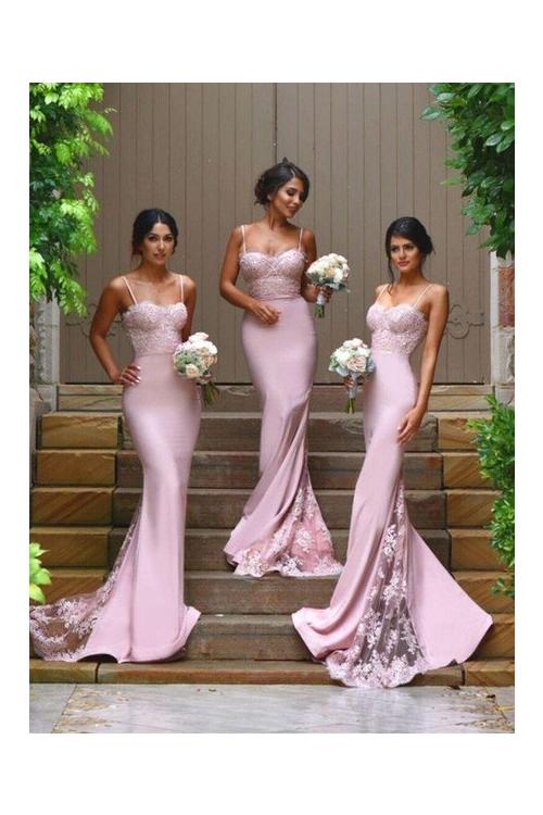 Popular Spaghetti Straps Long Jersey Bridesmaid Dress with Lace 