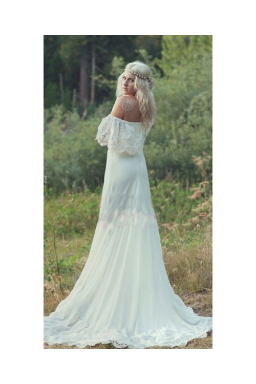 Casual Off Shoulder Boho Lace Ivory Rustic Wedding Dress 