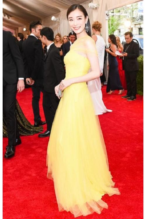  A-line One Shoulder Met Gala 2017 Inspired Yellow Prom Dress 