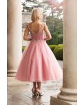 Tea Length A-line Pink Tulle Bridesmaid Dress with Lace 