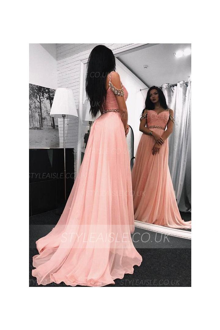 Off Shoulder Beaded Long A-line Blush Pink Chiffon Prom Dress with Beaded Belt