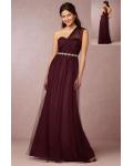 One Shoulder Burgundy Tulle Bridesmaid Dress with Crystal Ribbon 