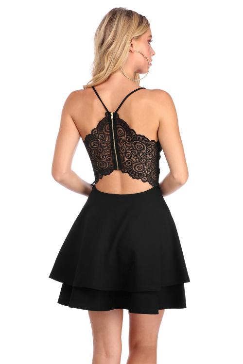 Short Spaghetti Straps A-line Layers Black Prom Dress Back Lace