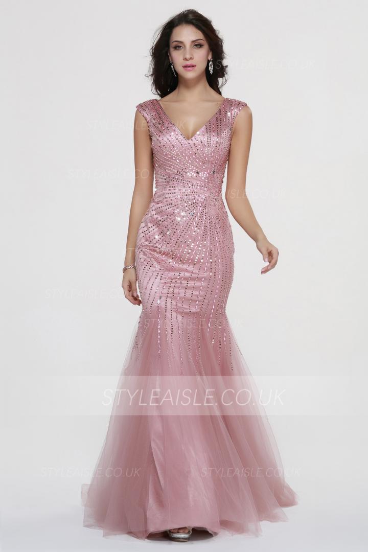 Sparkling Beaded Shoulder Straps Beading A-line Rose Pink Tulle Prom Dress 
