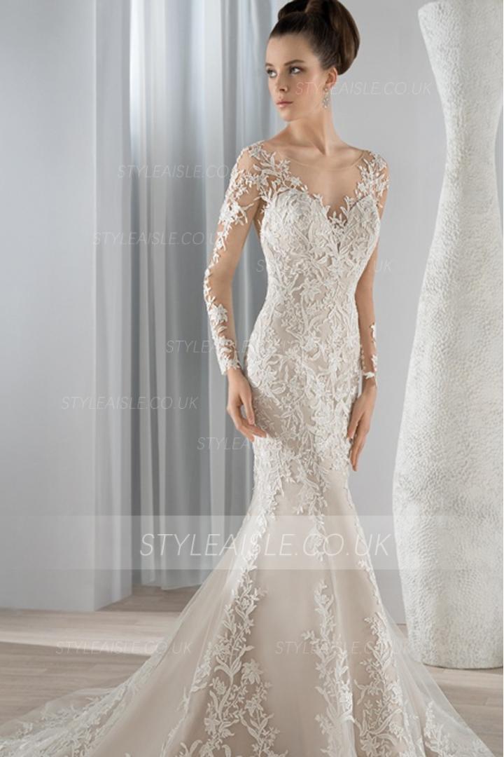Gorgeous Lace Patterns overlay Tulle Mermaid Wedding Dress with Long Lace Appliqued Sheer Sleeves 