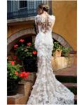  Bateau Neck Mermaid Lace Trimmed Tulle Wedding Dress with Long Lace Sleeves 