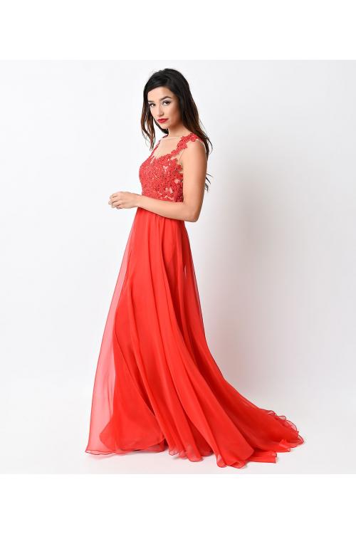 Chic Sleeveless Lace Bodice Long Coral Chiffon Prom Dress 