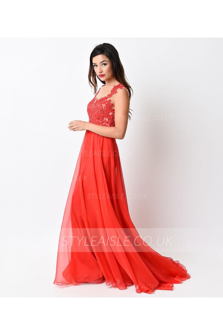 Chic Sleeveless Lace Bodice Long Coral Chiffon Prom Dress 