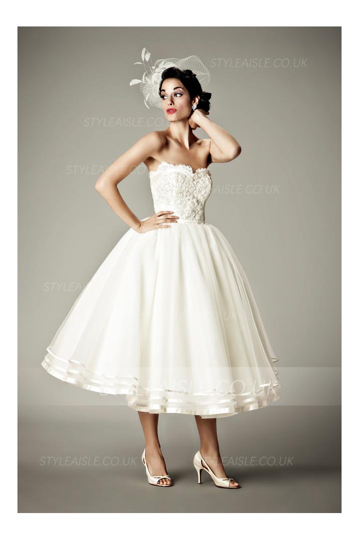 Retro Vintage Strapless Lace Tea Length Wedding Dress 
