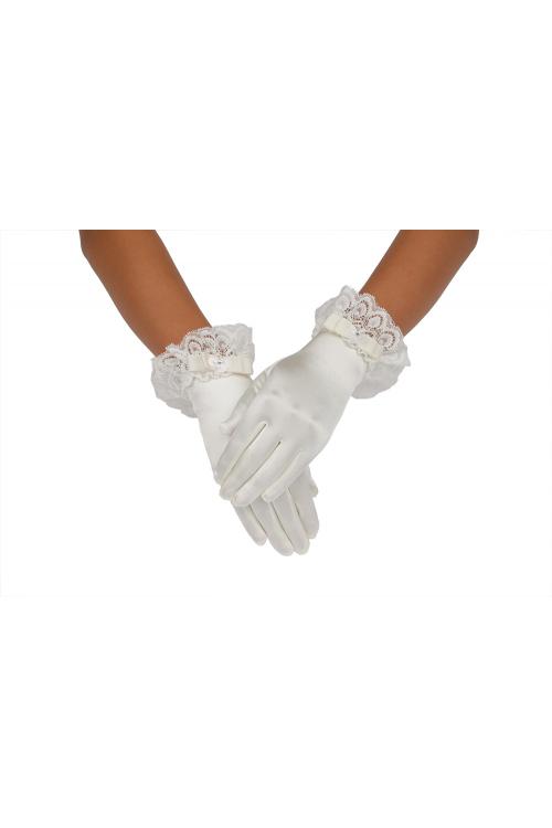 Ivory Full Short Bow-knot Lace Trimmed Girls Gloves 2BL