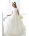 Short Sleeves Long Ball Gown Ivory Organza Holy Organza Communion Dress with Bow