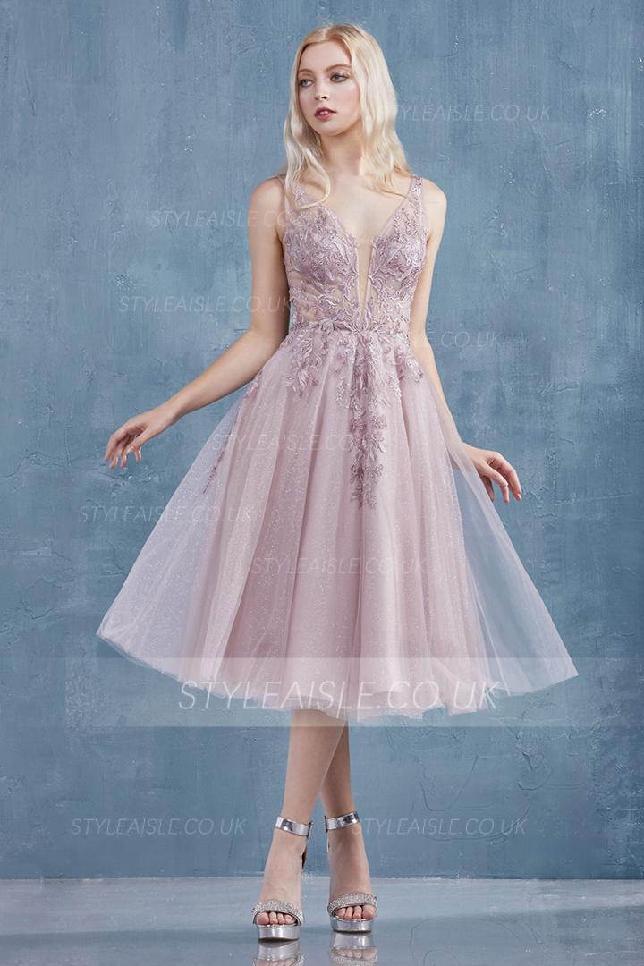 Elegant & Charming V-neck Sleeveless Lace Appliques Tea-length Short Tulle Prom Dress
