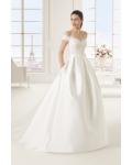 Off-the-shoulder Lace Bodice Ball Gown Satin Wedding Dress with Bow 
