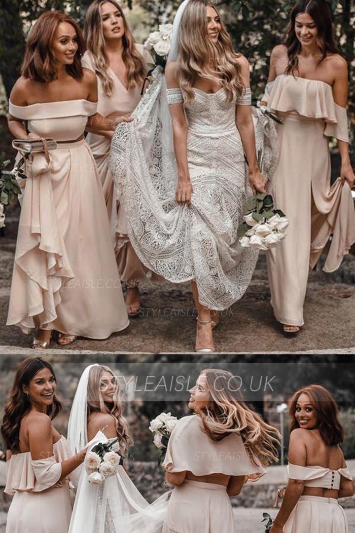 Off-the-shoulder & V-neck Split Floor-length Long Chiffon Bridesmaid Dresses with 3 Styles (A/B/C)
