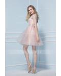 Short Sleeved Lace Trimmed V Neck Knee Length Blush Tulle Bridesmaid Dress 