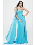 Sleeveless One Shoulder Split Long Blue Chiffon Simple Junior Prom Dress 