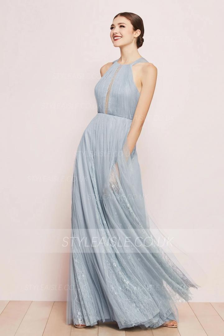  A-line Jewel Neckline Sleeveless Lace Ruching Floor-length Long Tulle Prom Dresses