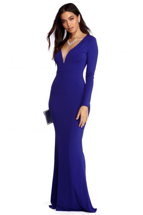 Long Sleeves Deep V Neck Fit Flared Long Royal Blue Jersey Prom Dress