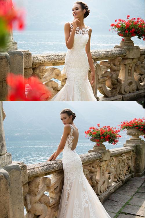 Chic Vintage Lace Appliques Long Mermaid Wedding Dress with transparent tulle on back