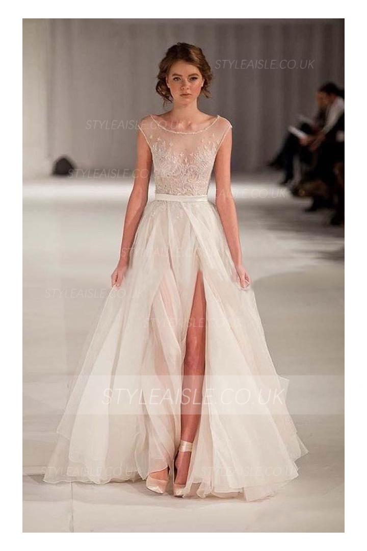 a-line sexy see-through floor-length organza cap sleeves beading evening dresses