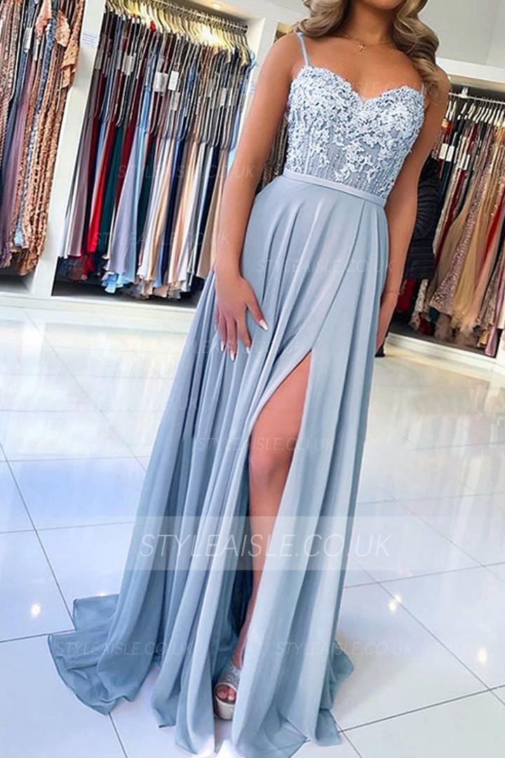 Spaghetti Straps Lace Appliques Beading Split Floor length Long Chiffon Prom Dress