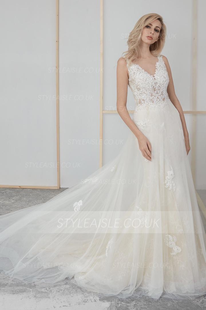 Column Illusion Neck Sleeveless Lace Appliques Beading Court Train Long Tulle Wedding Dresses (Picture shown - Ivory Dress with a layer of champagne tulle inside)
