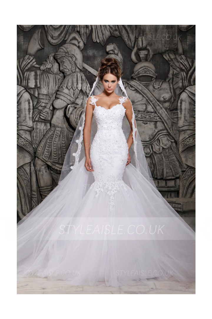  Mermaid Shoulder Straps Sleeveless Appliques Lace Long Tulle Wedding Dresses