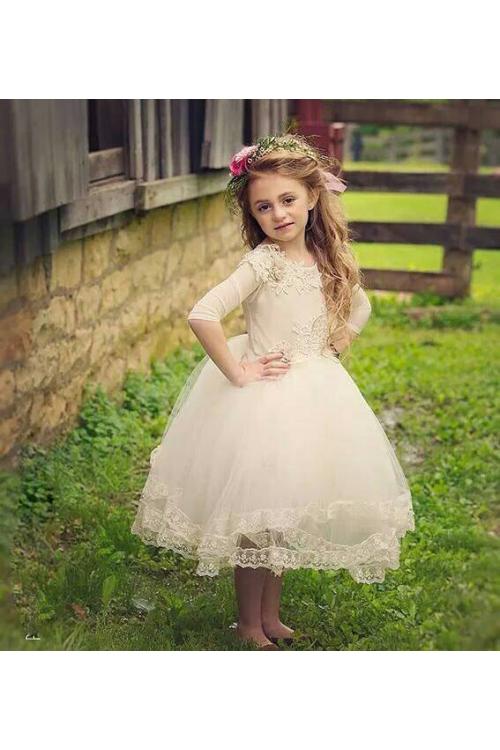Half Sleeve Lace Bodice Ball Gown Tulle Flower Girl Dress 