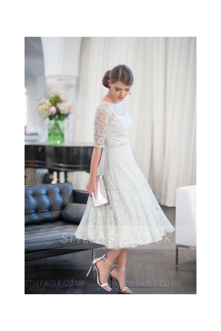 Elegant Half Sleeve Lace A-line Tea Length Cocktail Dress with Beading 