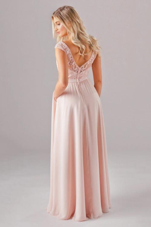  A-line V-neck Cap Sleeves Lace Top Split Floor-length Long Chiffon Bridesmaid Dresses with Pockets 