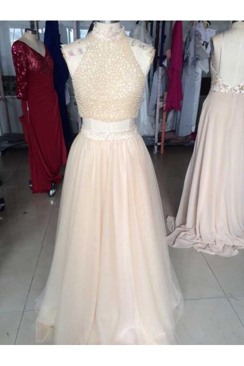 Two Piece High Neck Sparkling Long Blush Tulle Beaded Prom Dress 
