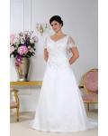 Plus Size V-neck Short-Sleeve Lace-up Beaded Satin Wedding Dress with Lace Appliques