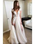 Illusion Neck Cap Sleeve Lace Appliques Backless Split Sweep-Train Long Tulle Prom Dress