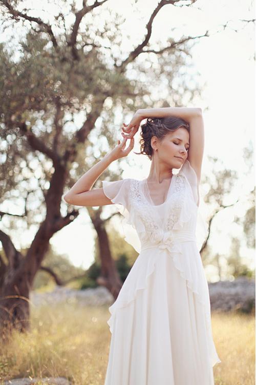 Beautiful V Neck Long A-line Chiffon Outdoor Wedding Dress with Flutter Sleeves and Lace Details 