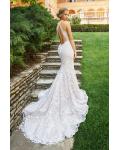 Sexy Backless V Neck Lace Patterns Long Fit Flared White Tulle Wedding Dress